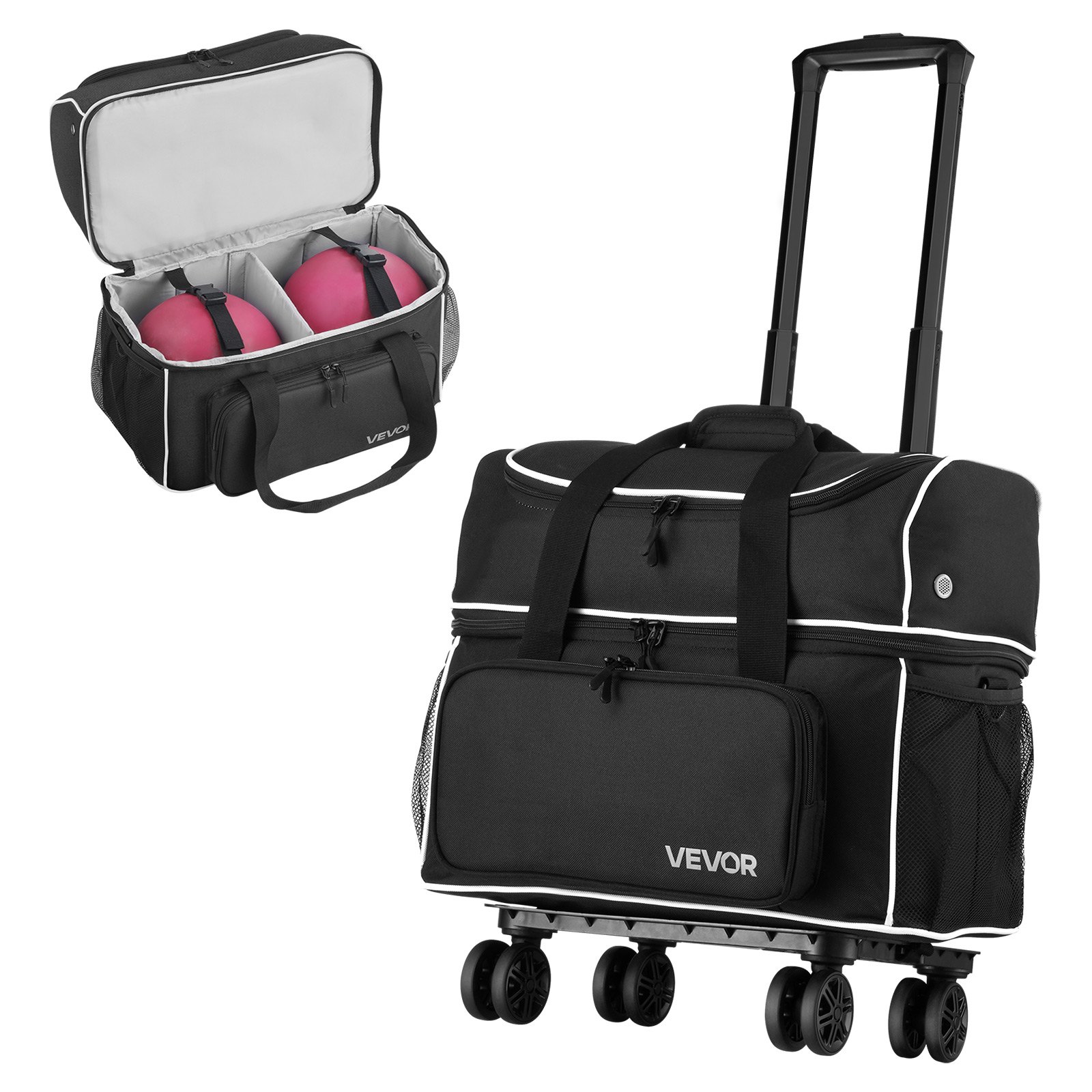 VEVOR Bolsa para 2 Bolas de Bolos y 4 Rodillos con Ruedas, con Compartimento Separado para Zapatos hasta Talla 16 y Bolsillo Extragrande para Accesorios, Asa Retráctil hasta 95 cm, Negro y Blanco
