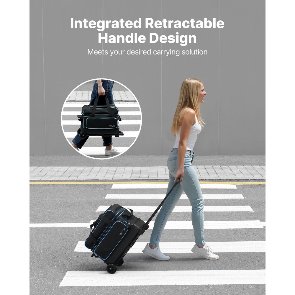 VEVOR Bolsa para 2 Bolas con Ruedas Dobles, Compartimento Separado para Zapatos hasta Talla 16 EE. UU. y Bolsillo Extragrande para Accesorios. Asa Retráctil Extensible hasta 105 cm, Negro Azul
