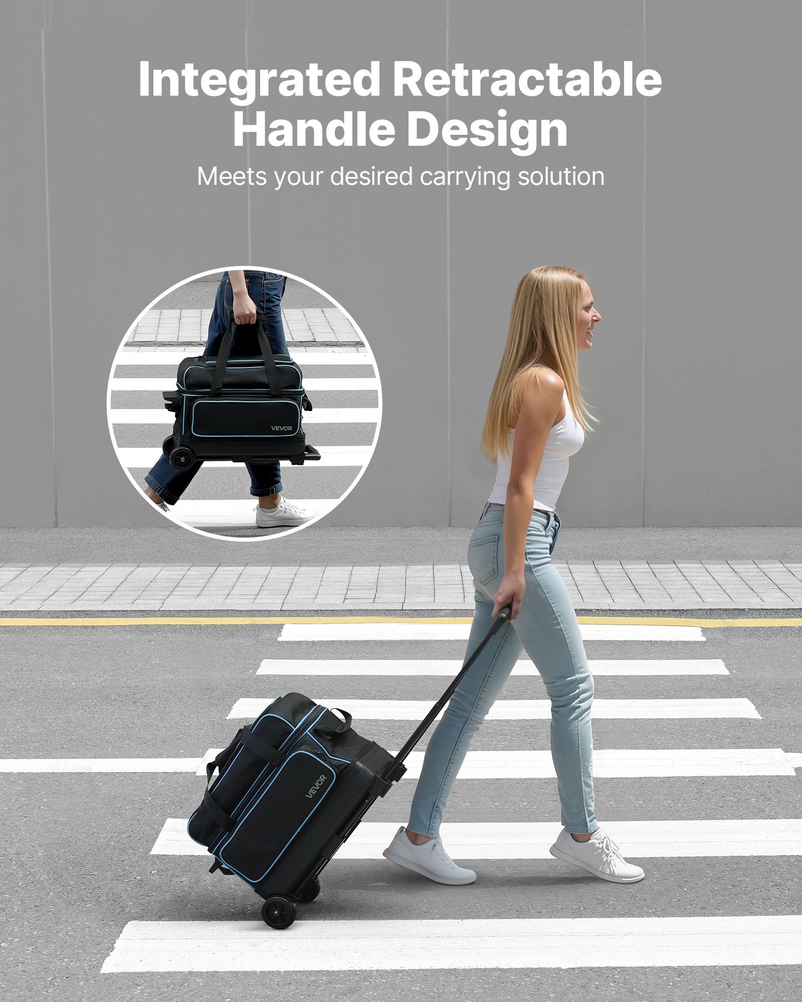 VEVOR Bolsa para 2 Bolas con Ruedas Dobles, Compartimento Separado para Zapatos hasta Talla 16 EE. UU. y Bolsillo Extragrande para Accesorios. Asa Retráctil Extensible hasta 105 cm, Negro Azul