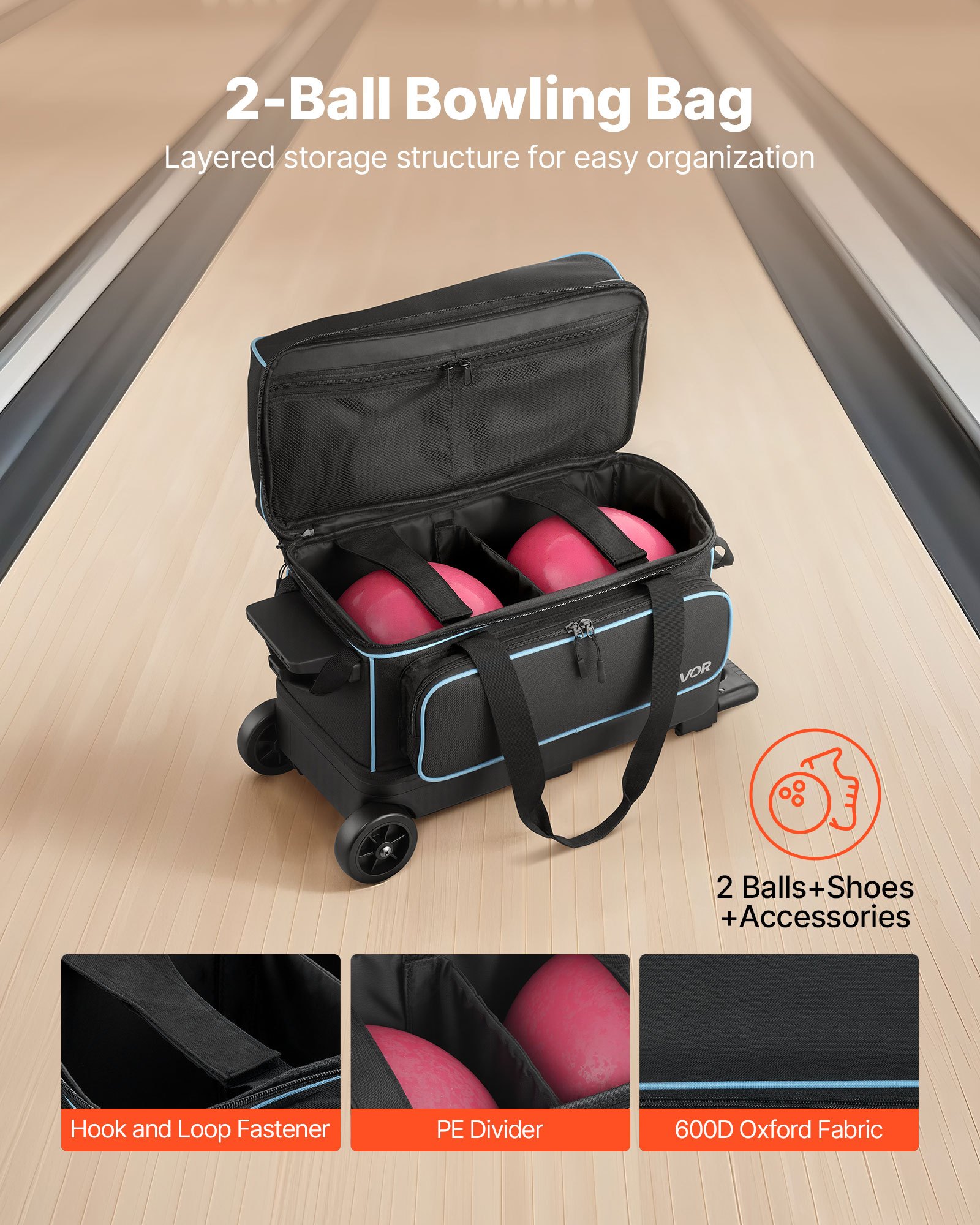 VEVOR Bowling Ball Bag, 2 Ball Double Roller Bowling Bag with Wheels, Featuring a Separate Compartment for Shoes (Up To US Size 16) & Oversized Accessory Pocket, Retractable Handle Extends to 1050 mm