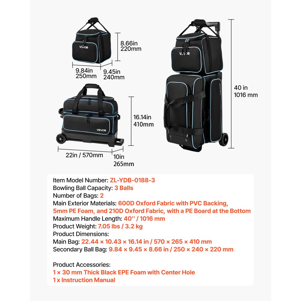 VEVOR Bolsa de Bolos para 3 Bolas con Ruedas Dobles Portátil, con Compartimento Separado para Zapatos hasta Talla 16 de EE. UU. y Bolsillo para Accesorios, Asa Retráctil hasta 101,6 cm, Negro y Azul