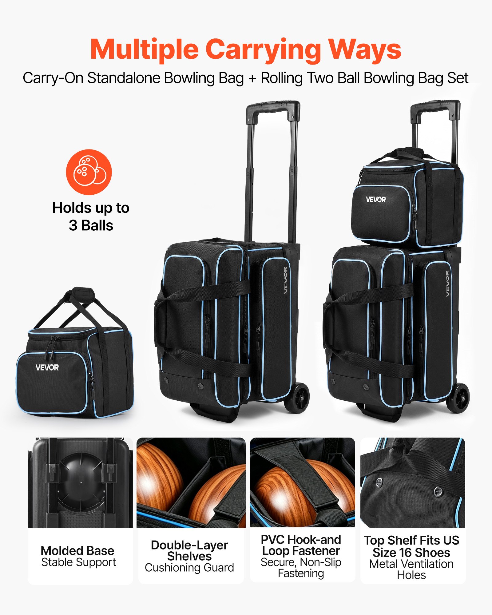 VEVOR Bolsa de Bolos para 3 Bolas con Ruedas Dobles Portátil, con Compartimento Separado para Zapatos hasta Talla 16 de EE. UU. y Bolsillo para Accesorios, Asa Retráctil hasta 101,6 cm, Negro y Azul