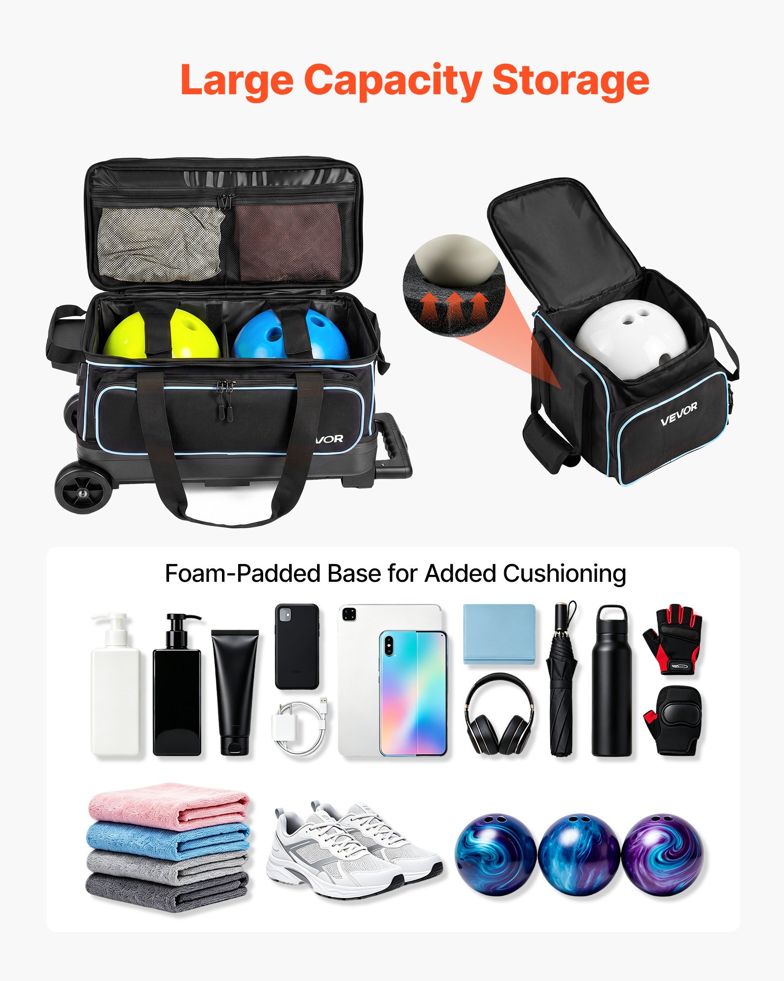 VEVOR Bolsa de Bolos para 3 Bolas con Ruedas Dobles Portátil, con Compartimento Separado para Zapatos hasta Talla 16 de EE. UU. y Bolsillo para Accesorios, Asa Retráctil hasta 101,6 cm, Negro y Azul