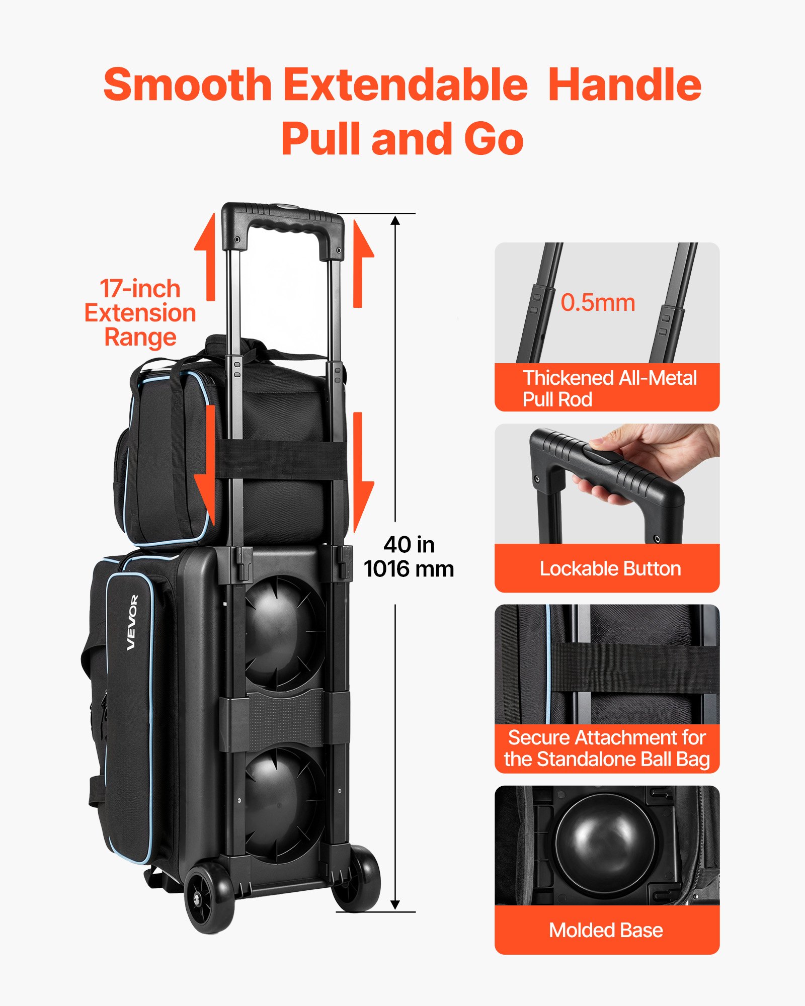 VEVOR Bolsa de Bolos para 3 Bolas con Ruedas Dobles Portátil, con Compartimento Separado para Zapatos hasta Talla 16 de EE. UU. y Bolsillo para Accesorios, Asa Retráctil hasta 101,6 cm, Negro y Azul