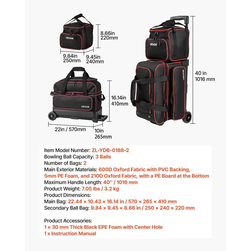 VEVOR Bolsa de Bolos para 3 Bolas con Ruedas Dobles Portátil, con Compartimento Separado para Zapatos hasta Talla 16 de EE. UU. y Bolsillo para Accesorios, Asa Retráctil hasta 101,6 cm, Negro y Rojo