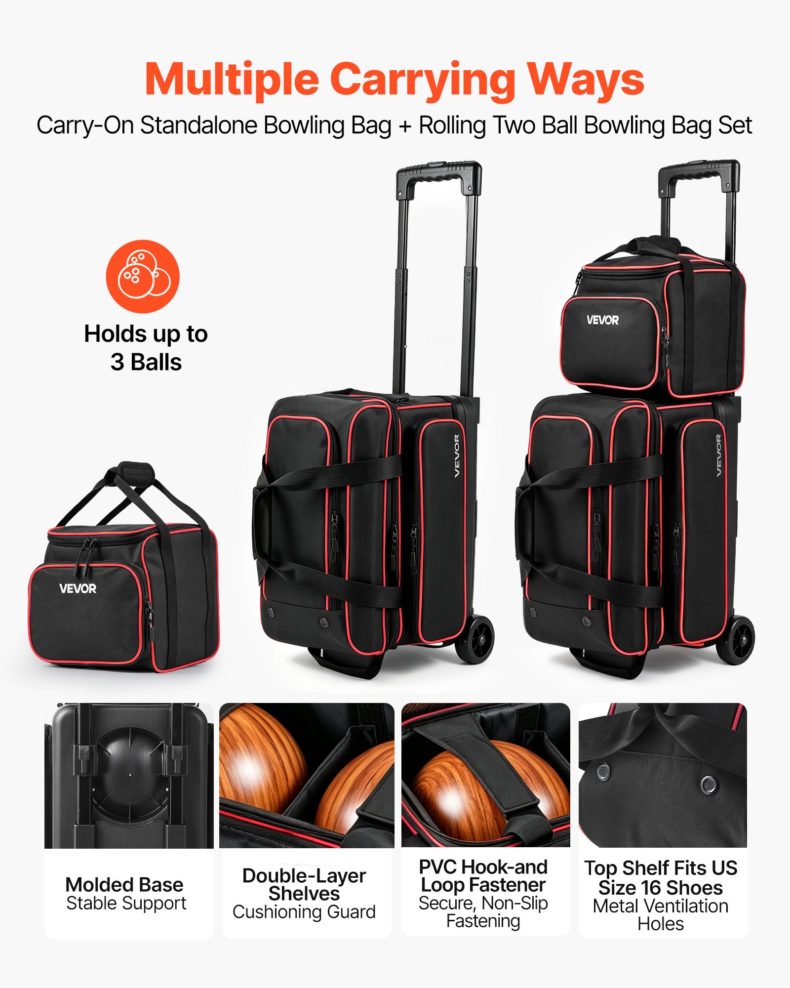 VEVOR Bolsa de Bolos para 3 Bolas con Ruedas Dobles Portátil, con Compartimento Separado para Zapatos hasta Talla 16 de EE. UU. y Bolsillo para Accesorios, Asa Retráctil hasta 101,6 cm, Negro y Rojo