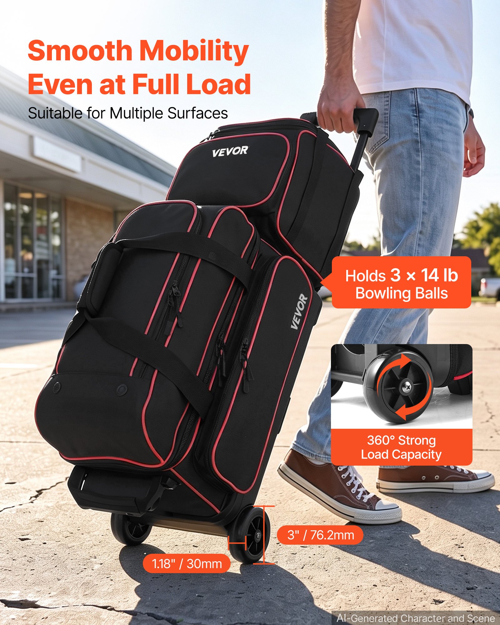 VEVOR Bolsa de Bolos para 3 Bolas con Ruedas Dobles Portátil, con Compartimento Separado para Zapatos hasta Talla 16 de EE. UU. y Bolsillo para Accesorios, Asa Retráctil hasta 101,6 cm, Negro y Rojo
