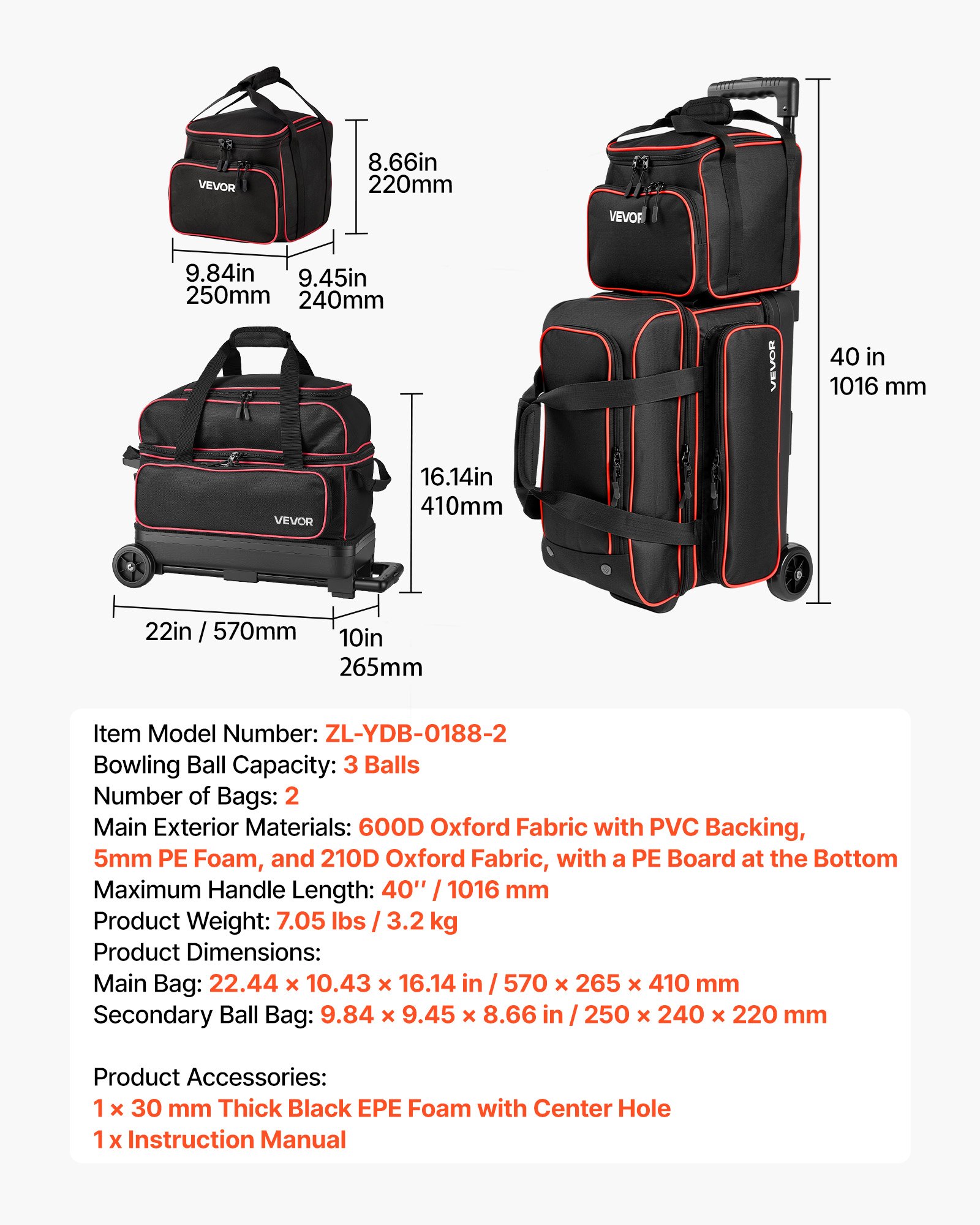 VEVOR Bolsa de Bolos para 3 Bolas con Ruedas Dobles Portátil, con Compartimento Separado para Zapatos hasta Talla 16 de EE. UU. y Bolsillo para Accesorios, Asa Retráctil hasta 101,6 cm, Negro y Rojo