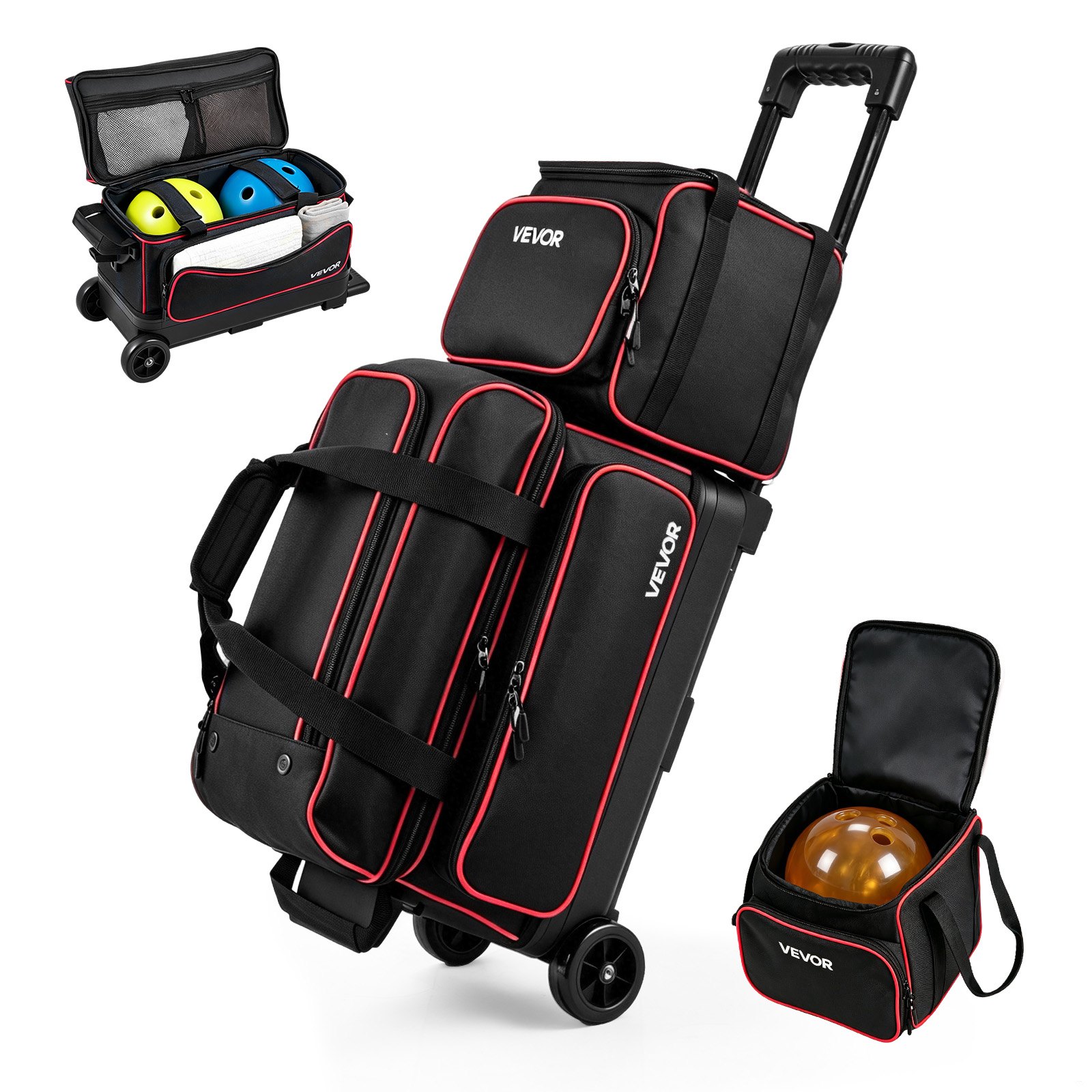 VEVOR Bolsa de Bolos para 3 Bolas con Ruedas Dobles Portátil, con Compartimento Separado para Zapatos hasta Talla 16 de EE. UU. y Bolsillo para Accesorios, Asa Retráctil hasta 101,6 cm, Negro y Rojo