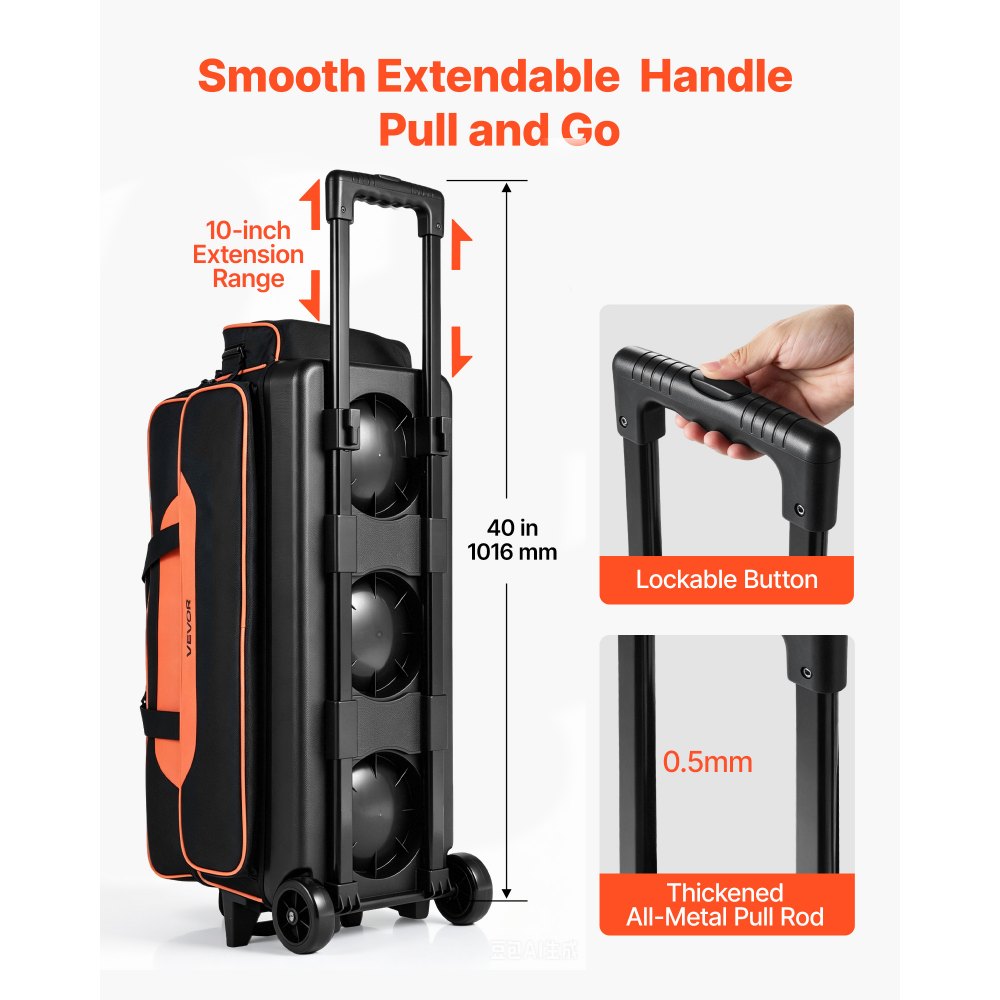 VEVOR Bolsa de Transporte para 3 Bolas de Bolos con Ruedas, con Compartimento Separado para Zapatos hasta Talla 16 de EE. UU. y Bolsillo para Accesorios, Asa Retráctil hasta 101,6 cm, Negro y Orange