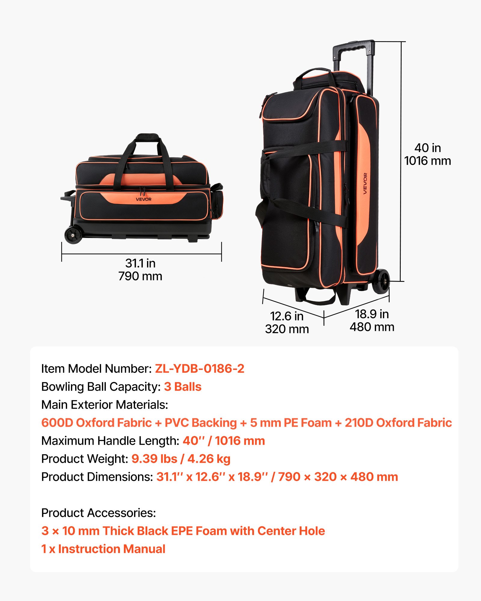 VEVOR Bolsa de Transporte para 3 Bolas de Bolos con Ruedas, con Compartimento Separado para Zapatos hasta Talla 16 de EE. UU. y Bolsillo para Accesorios, Asa Retráctil hasta 101,6 cm, Negro y Orange