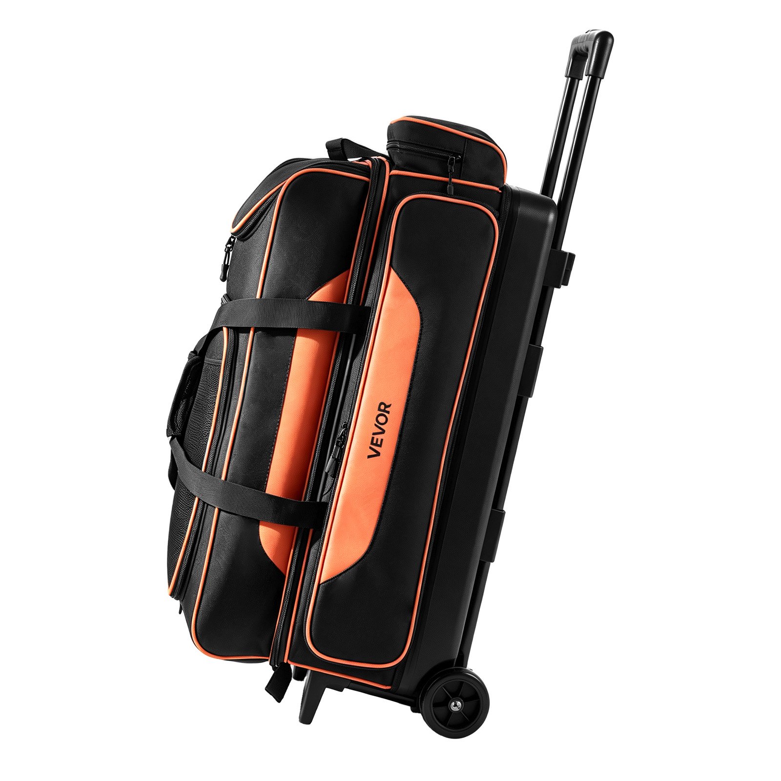 VEVOR Bolsa de Transporte para 3 Bolas de Bolos con Ruedas, con Compartimento Separado para Zapatos hasta Talla 16 de EE. UU. y Bolsillo para Accesorios, Asa Retráctil hasta 101,6 cm, Negro y Orange