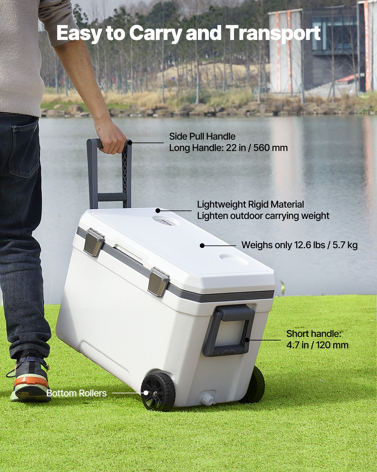 VEVOR portable cooler (45 Qt / 64 cans) with ice storage, sturdy handles, and drink holders; insulated portable cooler made of durable material, suitable for family picnics and long trips