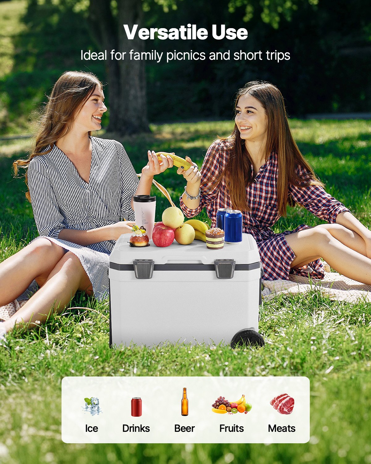 VEVOR portable cooler (45 Qt / 64 cans) with ice storage, sturdy handles, and drink holders; insulated portable cooler made of durable material, suitable for family picnics and long trips