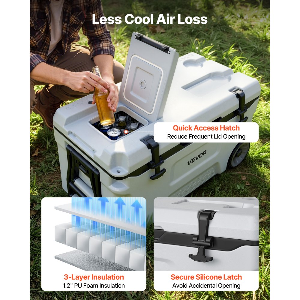VEVOR Nevera Pasiva con Ruedas 49 L, Nevera Portátil Térmica a Prueba de Fugas, con Aislamiento Térmico, Cierre Hermético, Retención de Hielo de Larga Duración, para Camping, Picnics, 73x42,5x41 cm