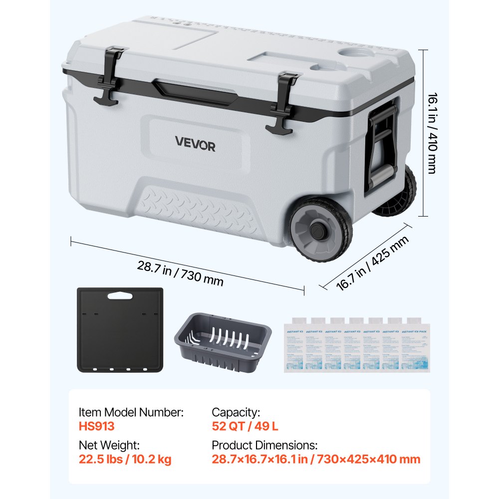 VEVOR Nevera Pasiva con Ruedas 49 L, Nevera Portátil Térmica a Prueba de Fugas, con Aislamiento Térmico, Cierre Hermético, Retención de Hielo de Larga Duración, para Camping, Picnics, 73x42,5x41 cm