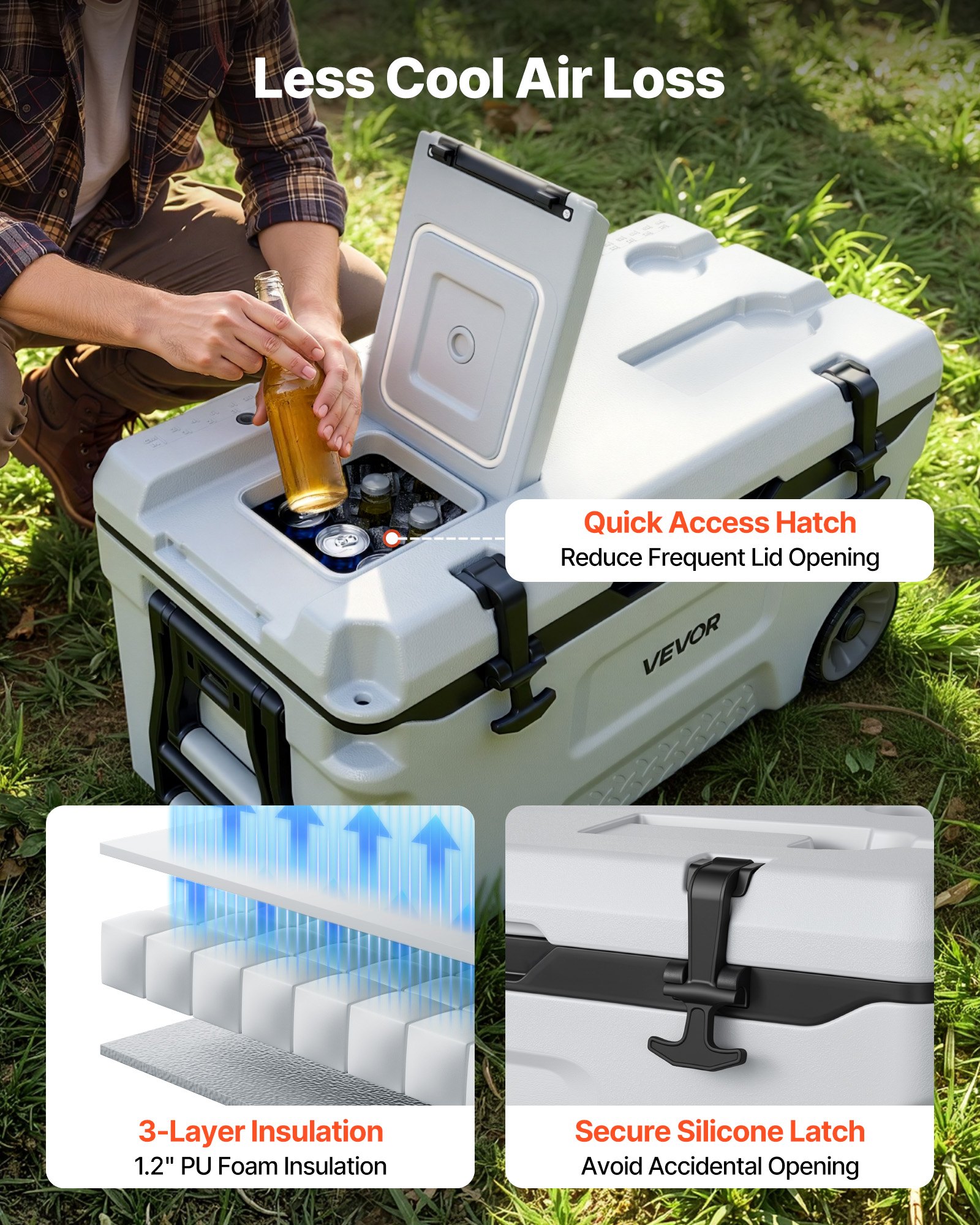 VEVOR Nevera Pasiva con Ruedas 49 L, Nevera Portátil Térmica a Prueba de Fugas, con Aislamiento Térmico, Cierre Hermético, Retención de Hielo de Larga Duración, para Camping, Picnics, 73x42,5x41 cm