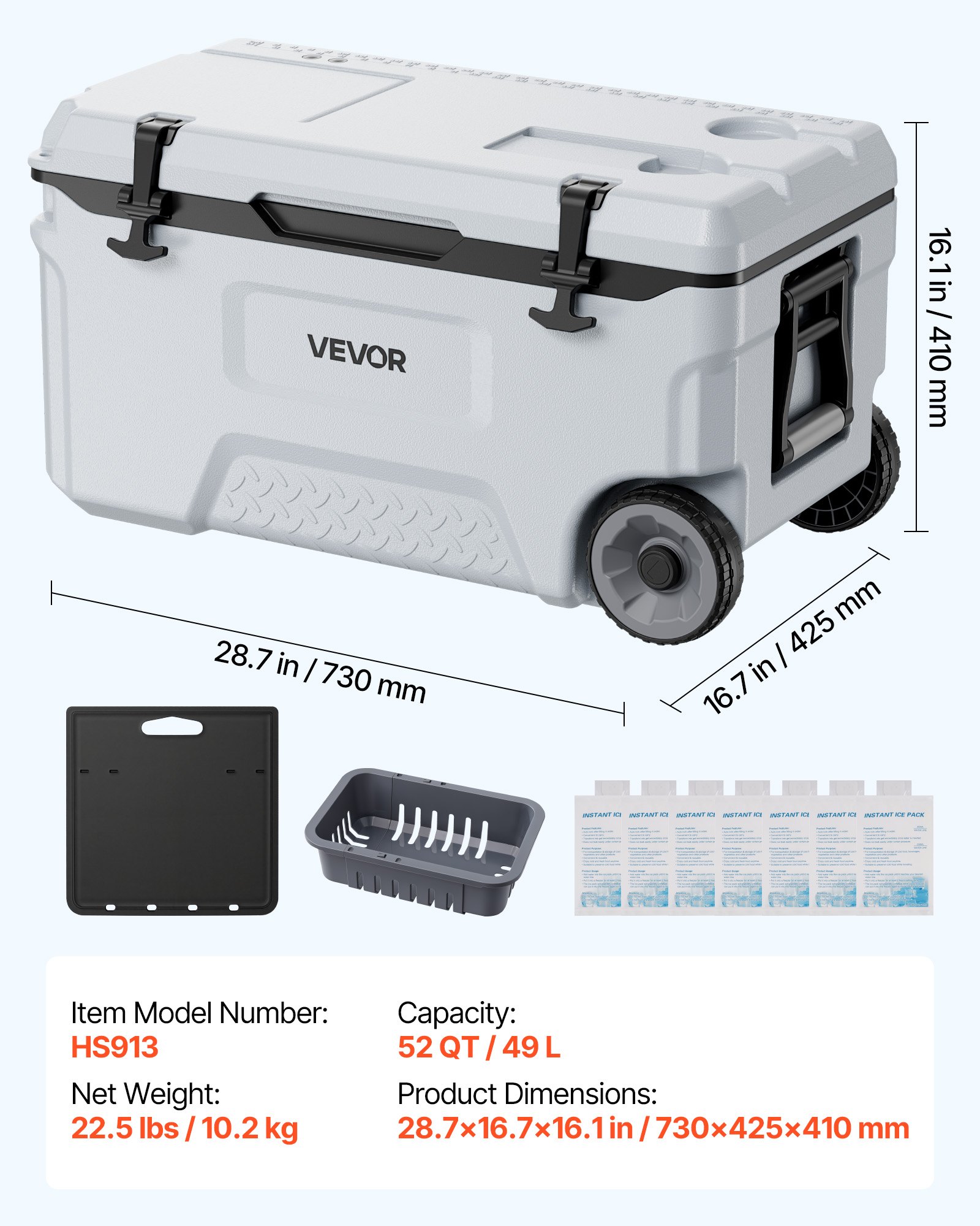 VEVOR Nevera Pasiva con Ruedas 49 L, Nevera Portátil Térmica a Prueba de Fugas, con Aislamiento Térmico, Cierre Hermético, Retención de Hielo de Larga Duración, para Camping, Picnics, 73x42,5x41 cm