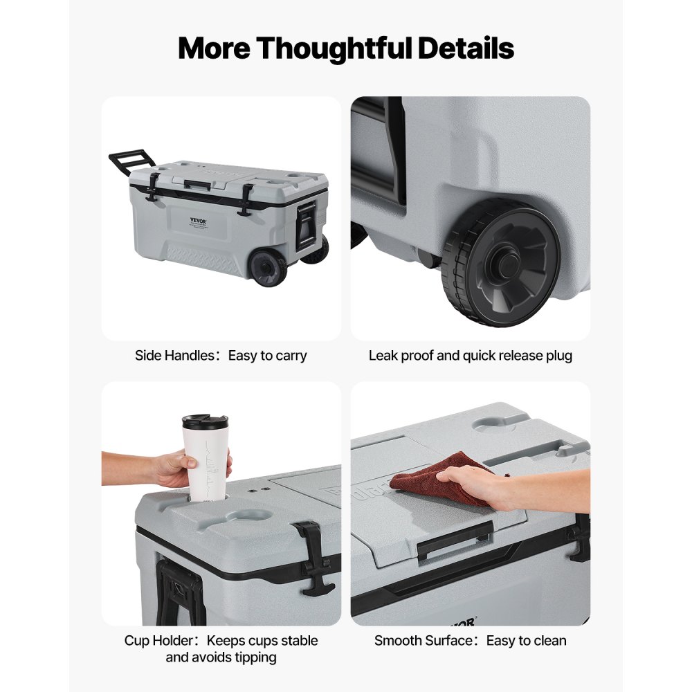VEVOR portable cooler (74 Qt / 120 cans) with ice storage, sturdy handles, and drink holders; insulated portable cooler made of durable material, suitable for family picnics and long trips