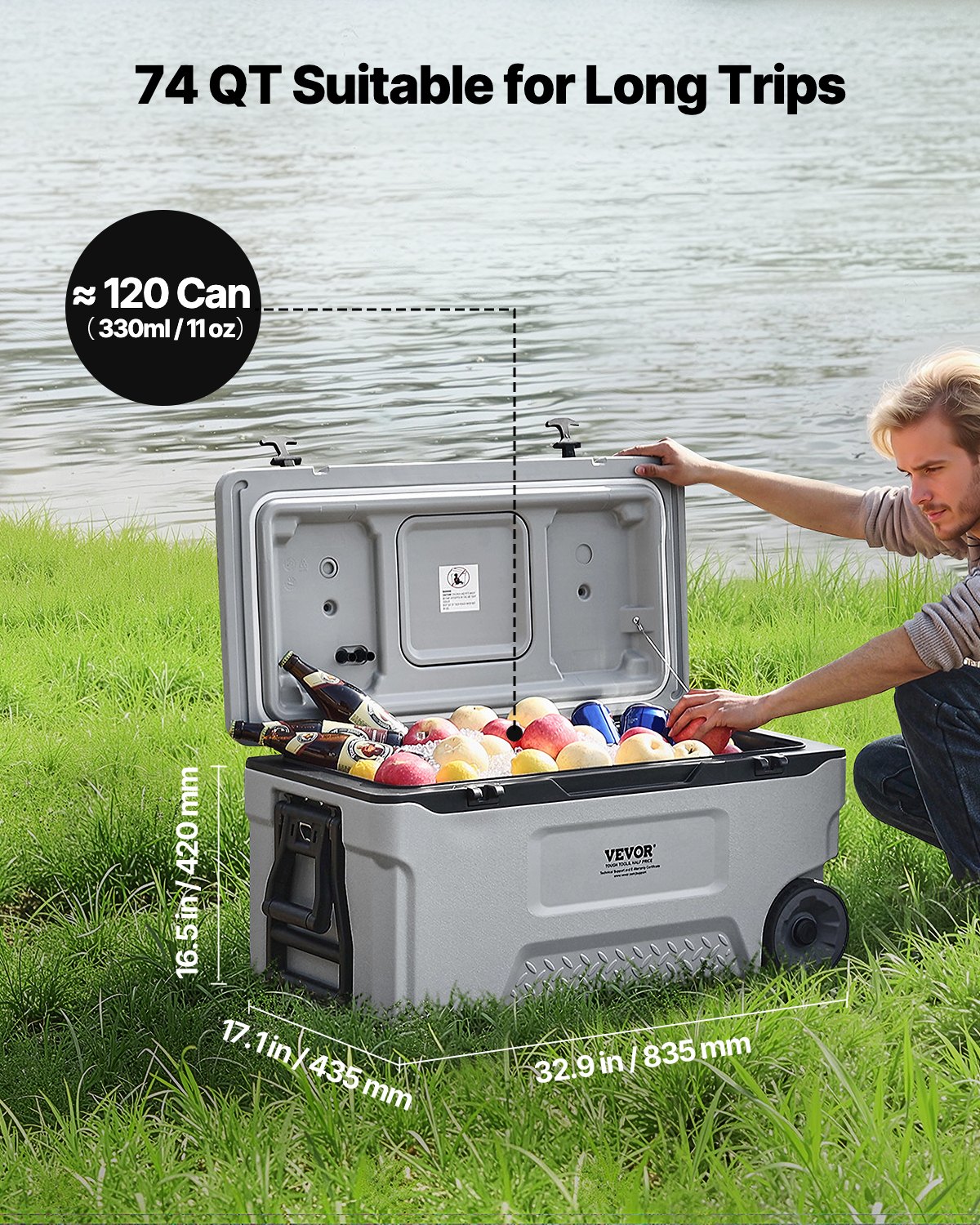 VEVOR portable cooler (74 Qt / 120 cans) with ice storage, sturdy handles, and drink holders; insulated portable cooler made of durable material, suitable for family picnics and long trips