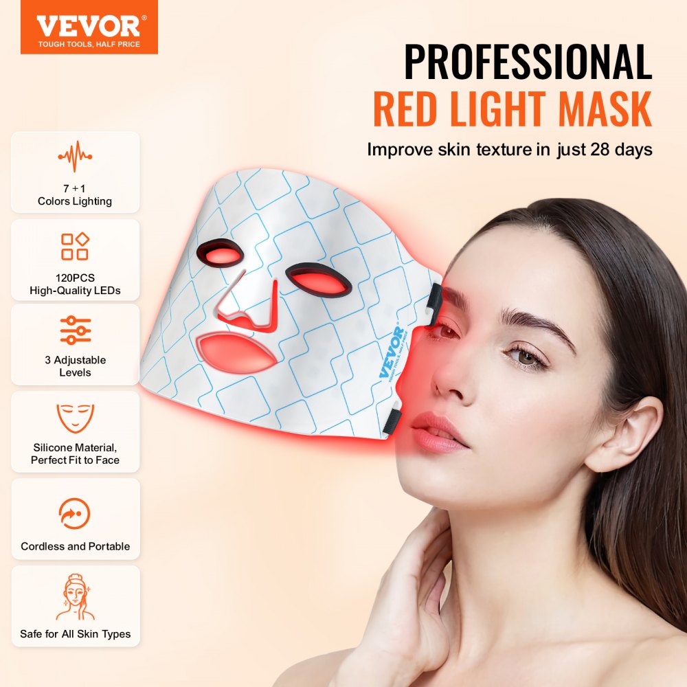 Máscara de terapia de luz roja VEVOR, máscara facial con luz LED de 7 colores con infrarrojo cercano de 850 nm, terapia de luz roja para el rostro, dispositivo portátil para el cuidado de la piel facial para la salud de la piel, antienvejecimiento, reducción de arrugas