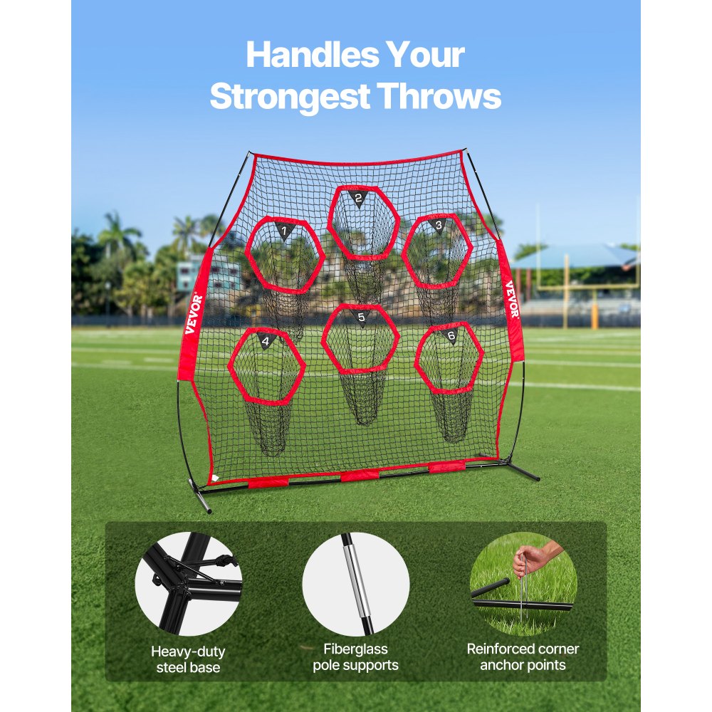 VEVOR Red de Lanzamiento para Entrenador de Fútbol, 274 x 106 x 243 cm, con 6 Bolsillos para Objetivos, Ideal para Entrenamiento de Tiro al Blanco y Precisión de Pase del Mariscal de Campo, Rojo