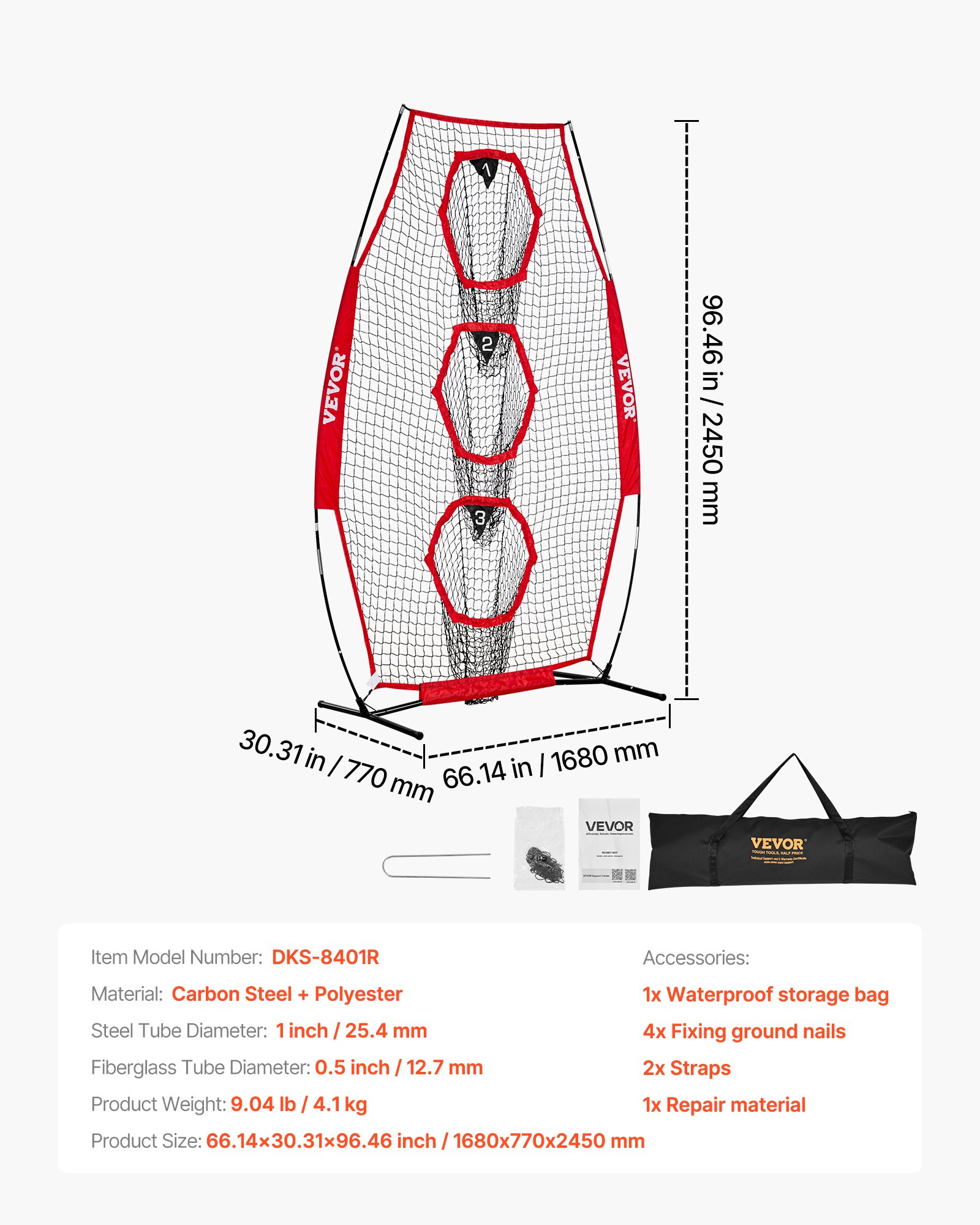 VEVOR Red de Lanzamiento para Entrenador de Fútbol, 168 x 77 x 245 cm, con 3 Bolsillos para Objetivos, Ideal para Entrenamiento de Tiro al Blanco y Precisión de Pase del Mariscal de Campo, Rojo
