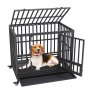 Beagle dentro de una jaula para perros resistente VEVOR negra abierta con puerta y techo abiertos, sobre ruedas.