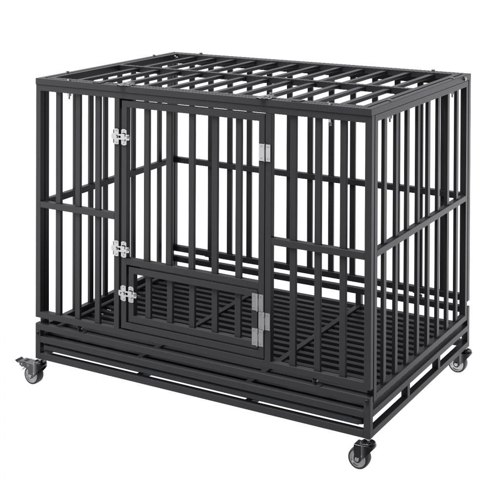 Jaula para perros resistente VEVOR de color negro con ruedas giratorias y puertas con doble cierre.