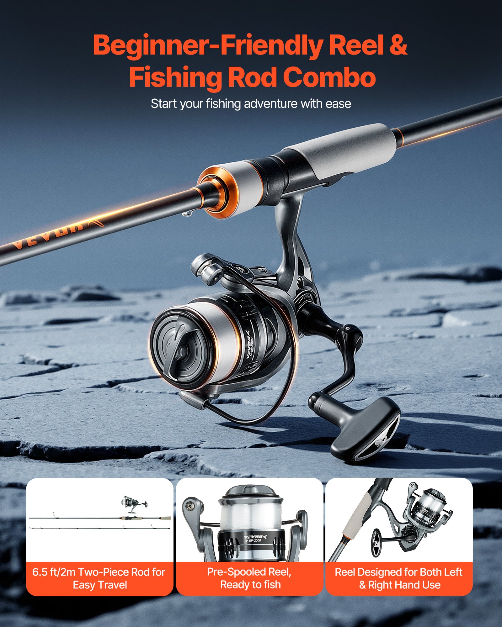 VEVOR Juego de Caña y Carrete Giratorio de Pesca, Caña de Dos Piezas de 2 m de Fibra de Vidrio y Fibra de Carbono, Rodamientos de Bolas 6+1, para Pesca en Agua Salada y Dulce, 2010 x 150 x 150 mm