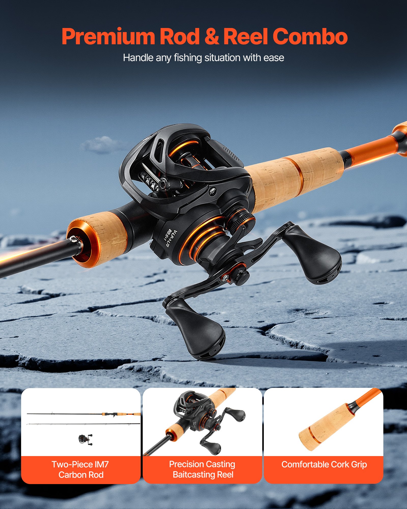 VEVOR Juego de Caña y Carrete de Pesca, Caña de Fibra de Carbono de 2 m IM7, con 6+1 Rodamientos de Bolas y Relación de Transmisión de 7.0:1 y Mango de Corcho, para Zurdos, 2000 x 130 x 100 mm