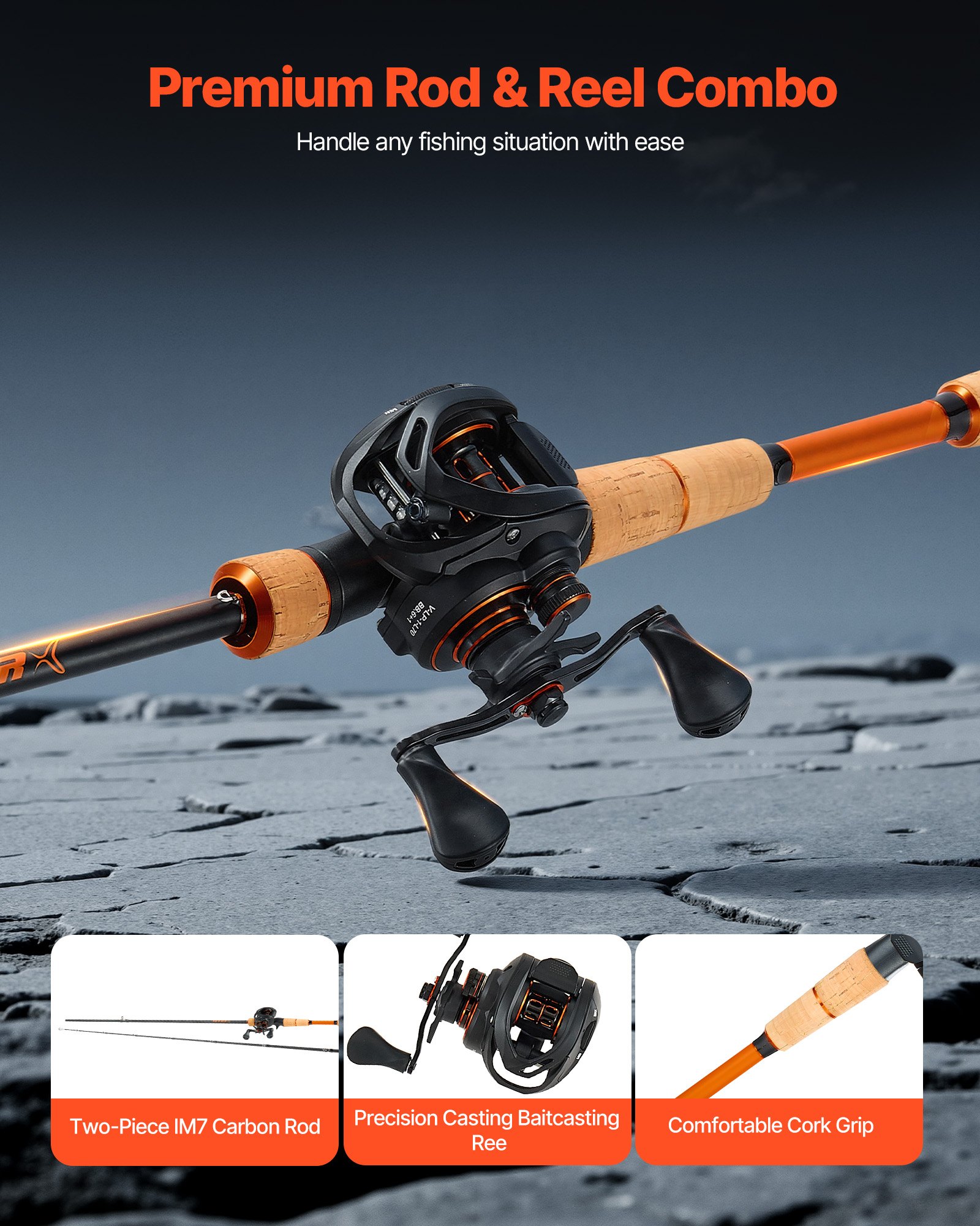 VEVOR Caña de Pescar y Carrete Baitcasting, Caña de Fibra de Carbono de 2,13 m IM7, con Rodamientos de Bolas 7+1 y Relación de Transmisión 7.0:1 y Mango de Corcho, Ideal para Zurdos, Media-Pesada
