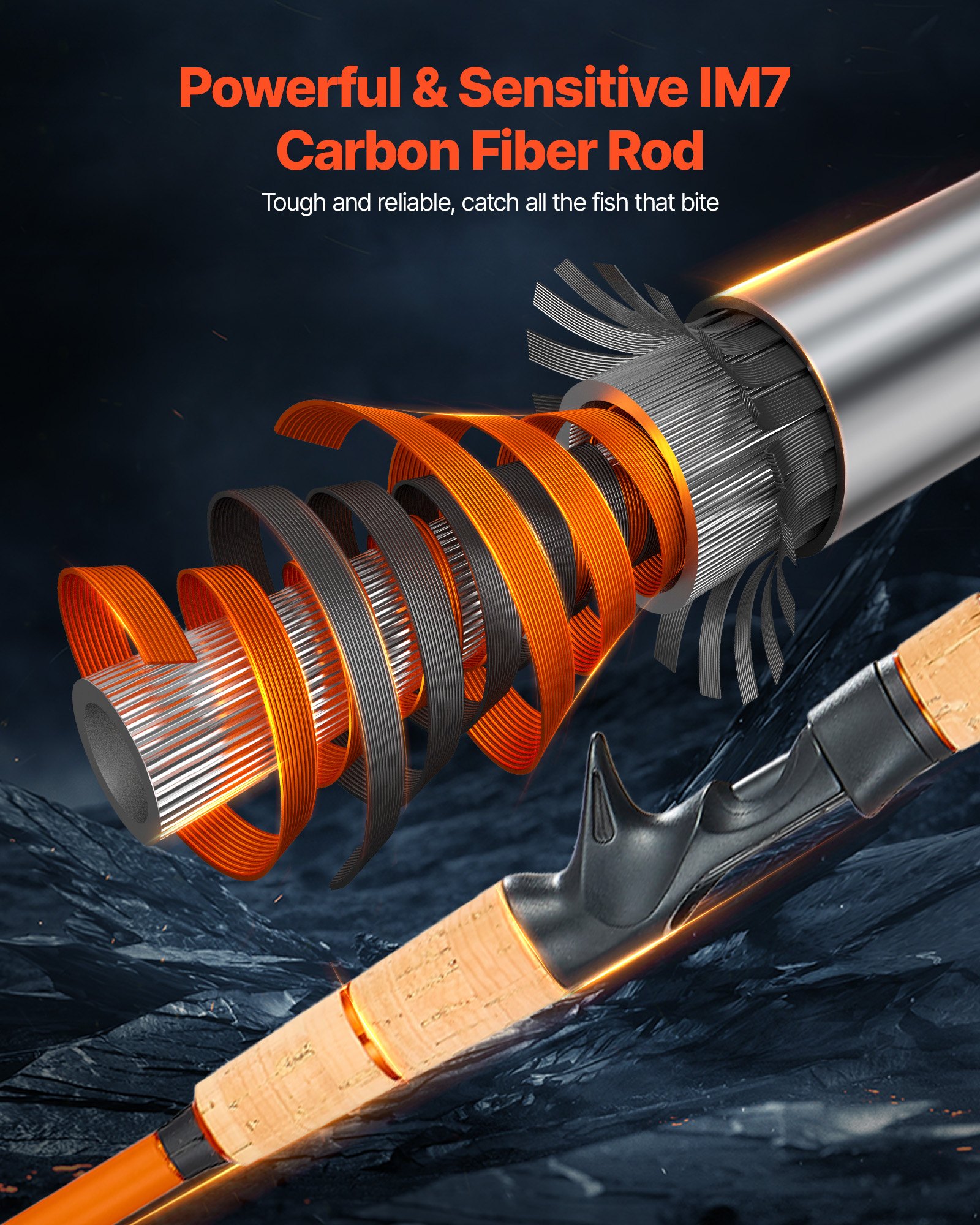 VEVOR Caña de Pescar y Carrete Baitcasting, Caña de Fibra de Carbono de 2,13 m IM7, con Rodamientos de Bolas 7+1 y Relación de Transmisión 7.0:1 y Mango de Corcho, Ideal para Zurdos, Media-Pesada