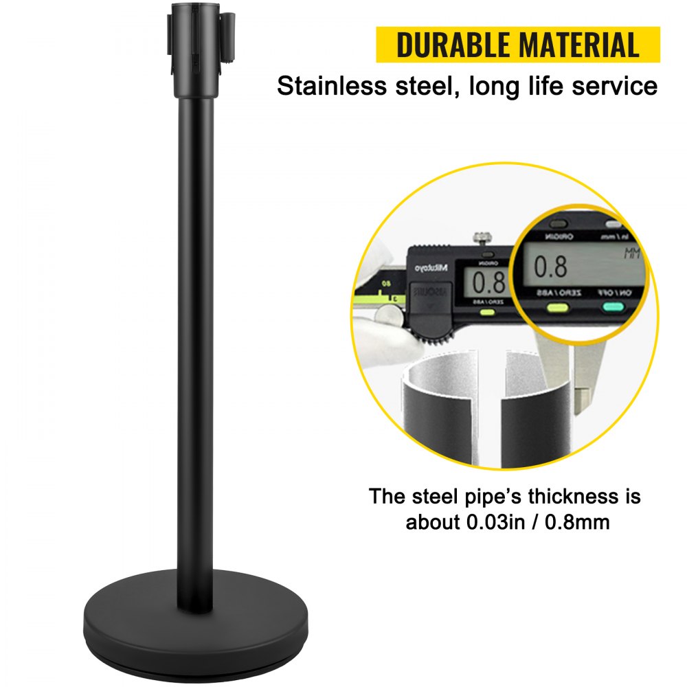 VEVOR Crowd Control Bollard, Plastic Post, Crowd Control System, 8-piece (four pairs), Retractable Belt, Black, with Metal Base for Airports and Exhibition Spaces
