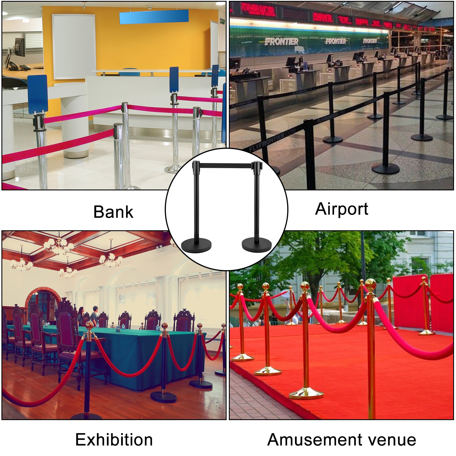 VEVOR Crowd Control Bollard, Plastic Post, Crowd Control System, 8-piece (four pairs), Retractable Belt, Black, with Metal Base for Airports and Exhibition Spaces