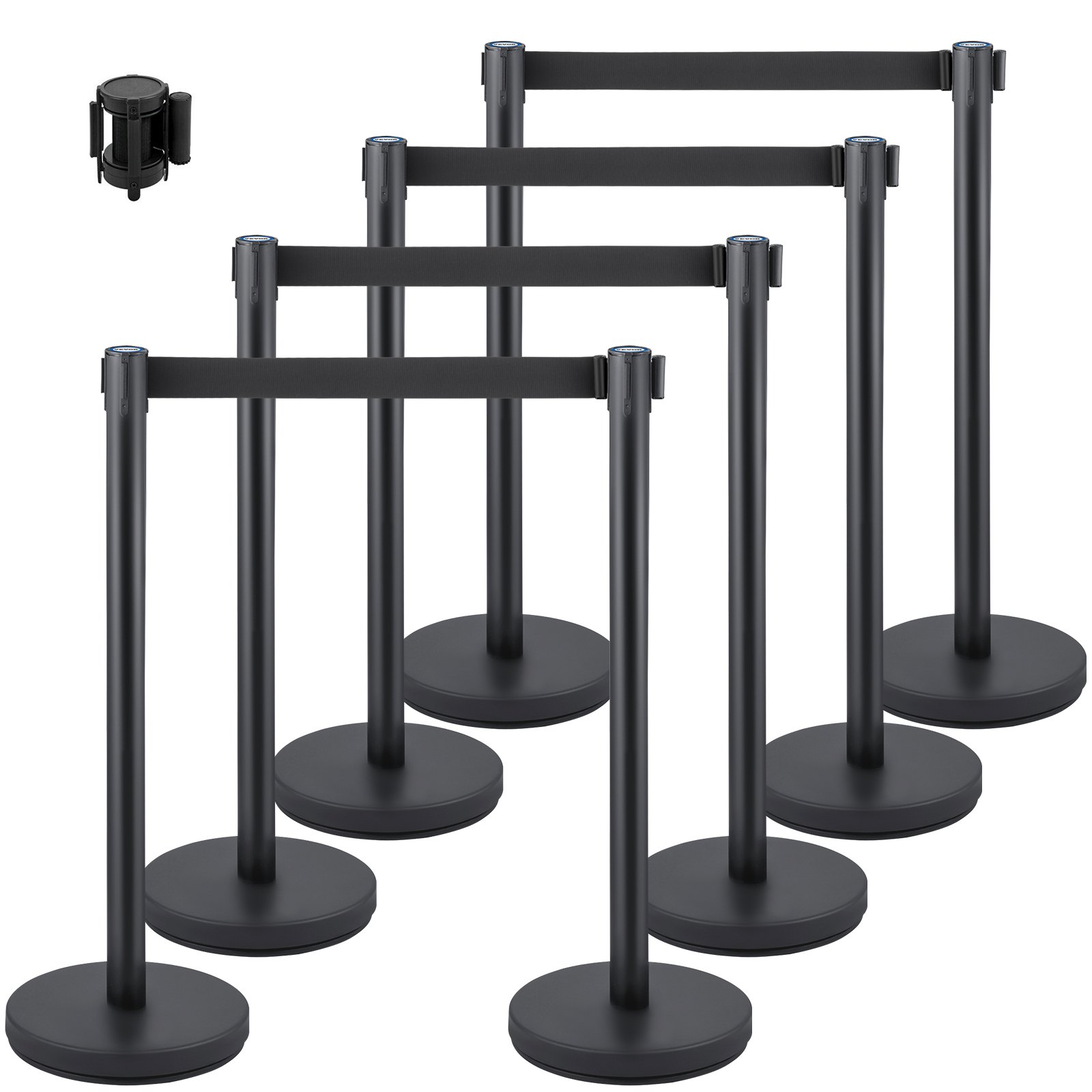 VEVOR Postes Separadores 8 piezas Altura 90 cm Negros Poste Separador con Cinta Extensible de 2 m Negra Conexión de 4 Vías Diámetro de Base 32 cm Postes de Barrera de Control de Multitudes Retráctiles