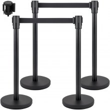 VEVOR Postes para Control de Multitudes 4 Piezas Postes con Cinturón Retráctil Negro 2 m Barrera de Control de Multitudes con Base de Hormigón y Metal Montaje de Fácil Conexión para Escuela Teatro