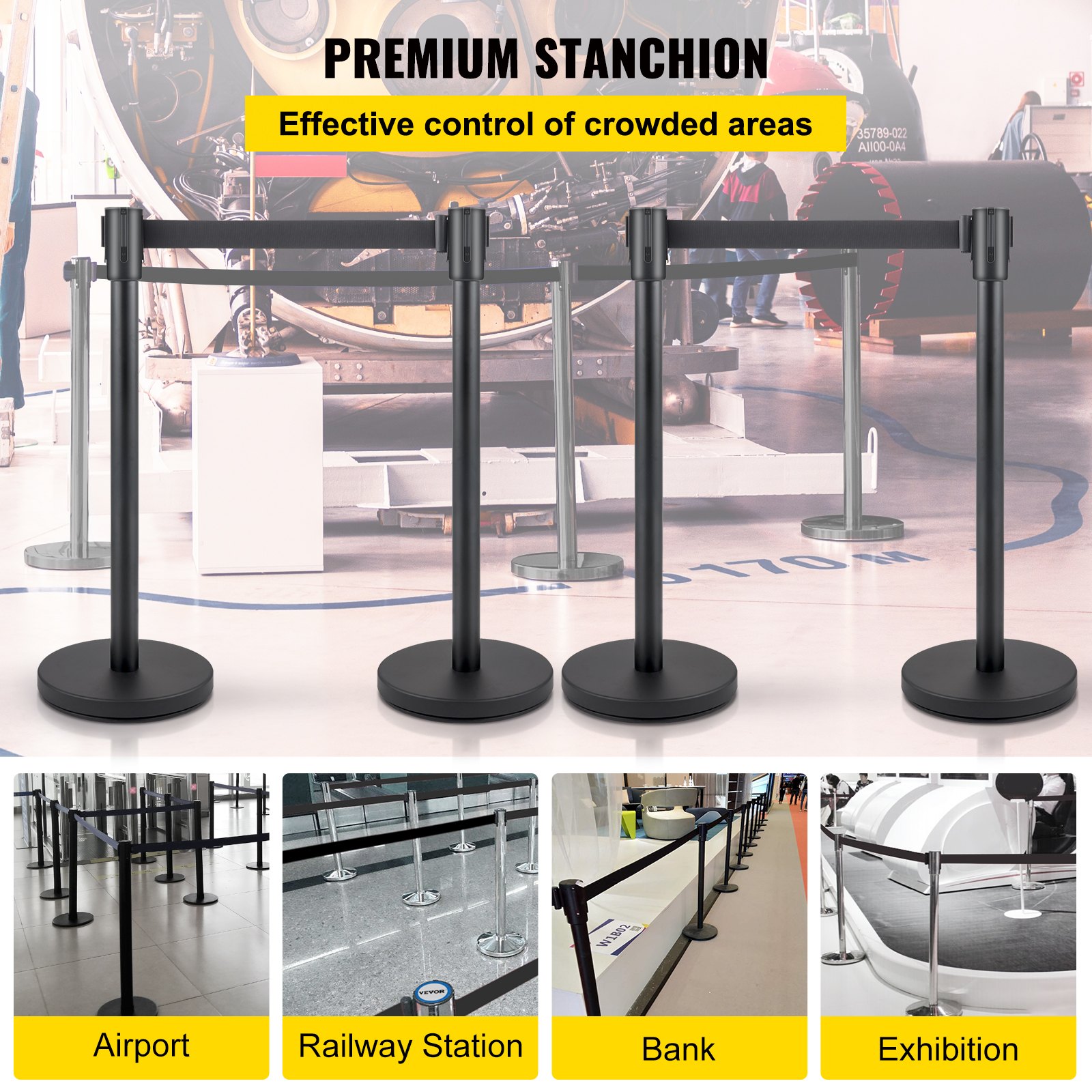 VEVOR Crowd Control Stanchion, Set of 4 Pieces Stanchion Set, Stanchion Set with 6.6 ft/2 m Black Retractable Belt, Black Crowd Control Barrier with Concrete and Metal Base - Easy Connect Assembly