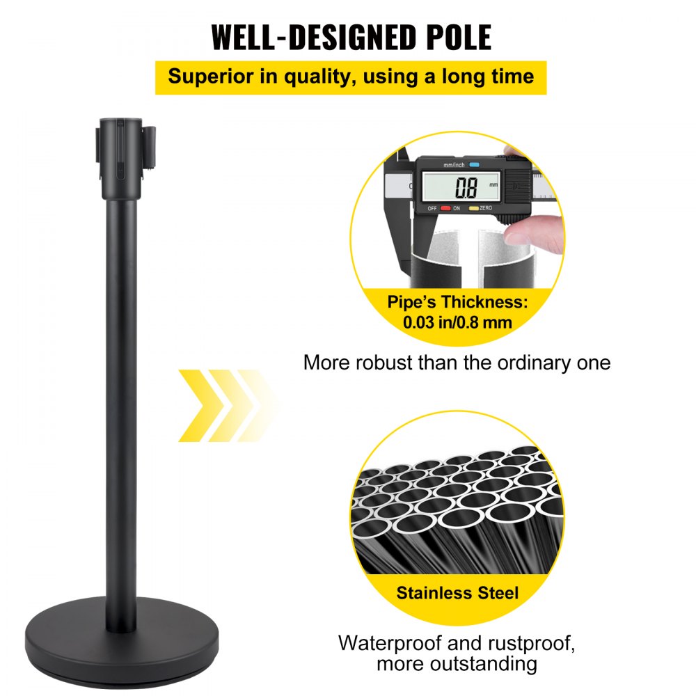 VEVOR Crowd Control Stanchion, Set of 6 Pieces Stanchion Set, Stanchion Set with 6.6 ft/2 m Black Retractable Belt, Black Crowd Control Barrier with Concrete and Metal Base - Easy Connect Assembly
