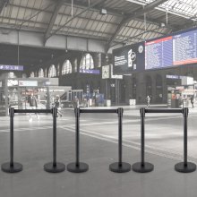 VEVOR Postes para Control de Multitudes 6 Piezas Juego de Postes con Cinturón Retráctil Negro de 2 m Barrera de Control de Multitudes con Base de Hormigón y Metal, Montaje de Fácil Conexión