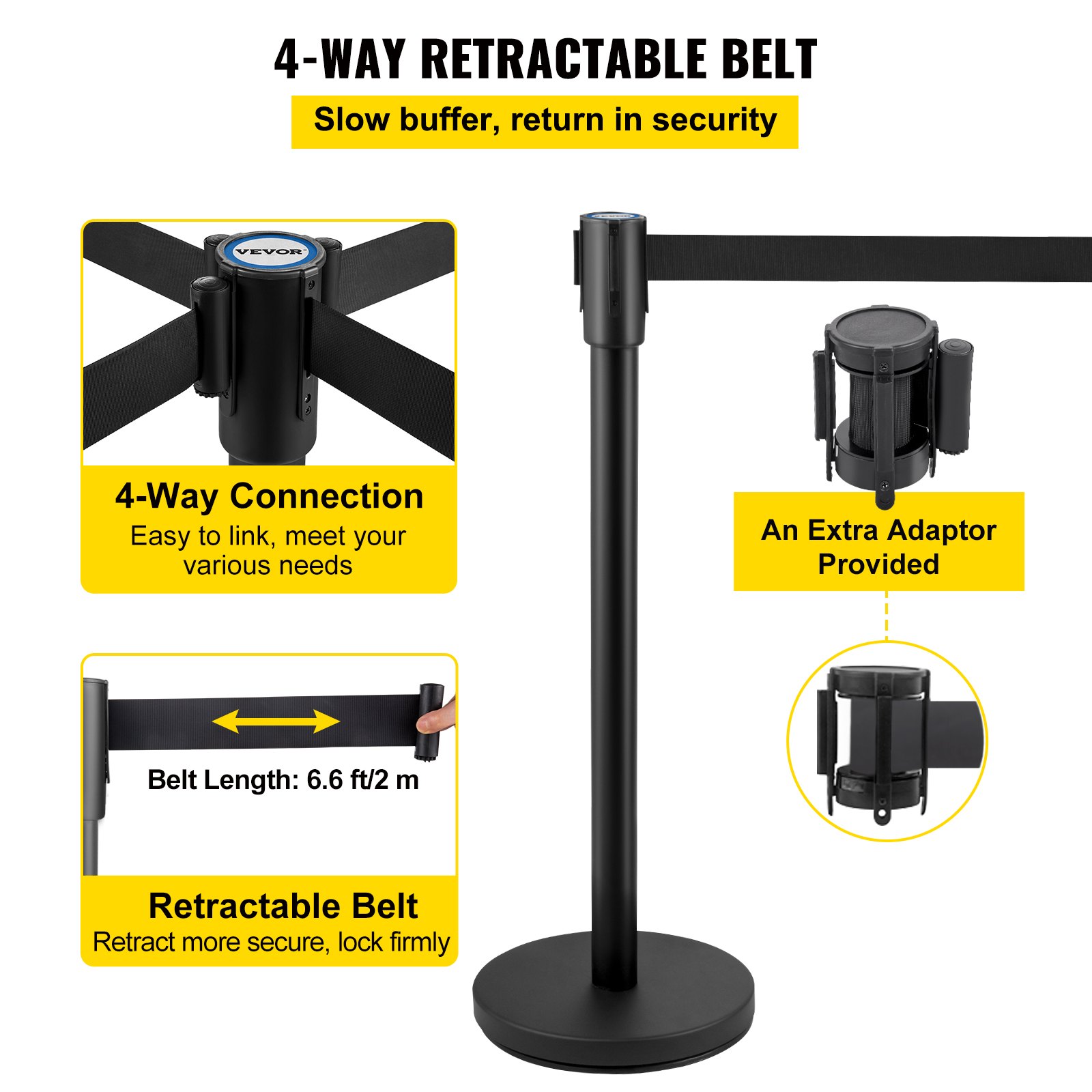 VEVOR Crowd Control Stanchion, Set of 6 Pieces Stanchion Set, Stanchion Set with 6.6 ft/2 m Black Retractable Belt, Black Crowd Control Barrier with Concrete and Metal Base - Easy Connect Assembly
