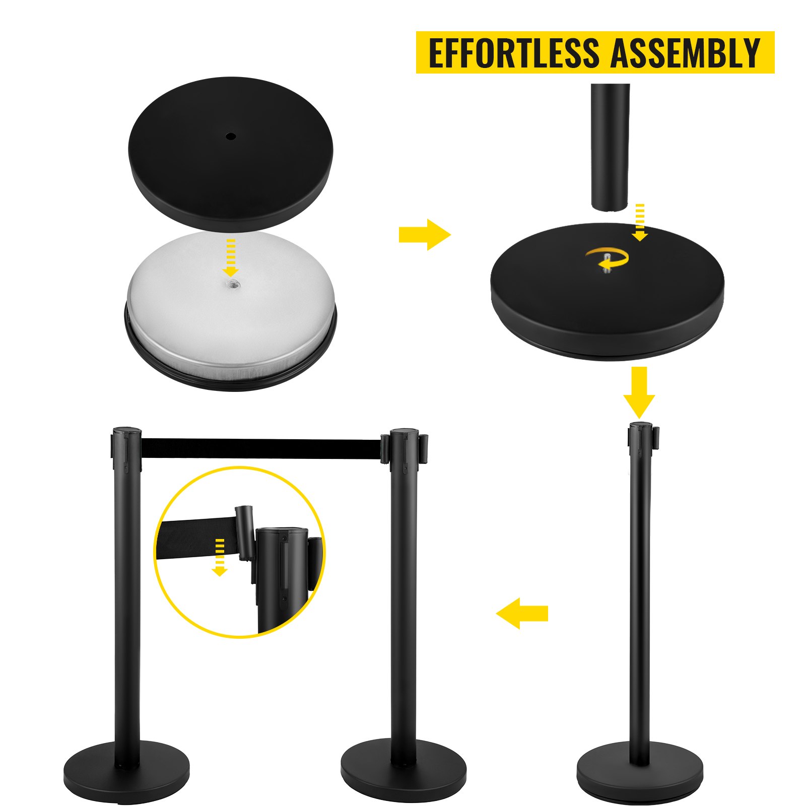 VEVOR Postes Separadores 8 piezas Negros Altura 90 cm Cinta Extensible Negra 2 m