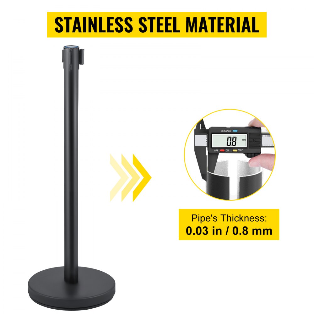 VEVOR crowd control system, 6 stanchions, 90 cm total height, barrier with four-way adapter, stanchion, barrier post with 2 m long belt for airport, steel/iron posts, black