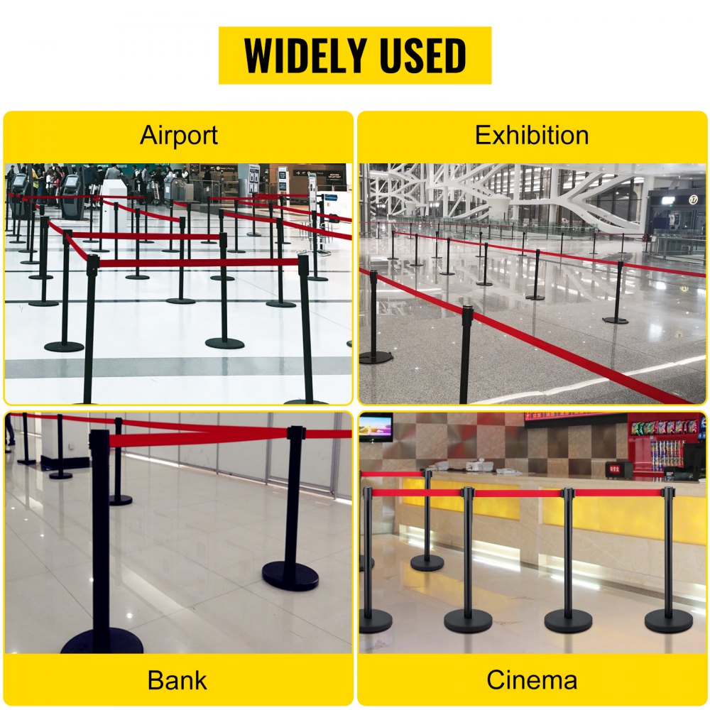 VEVOR crowd control system, 6 stanchions, 90 cm total height, barrier with four-way adapter, stanchion, barrier post with 2 m long belt for airport, steel/iron posts, black