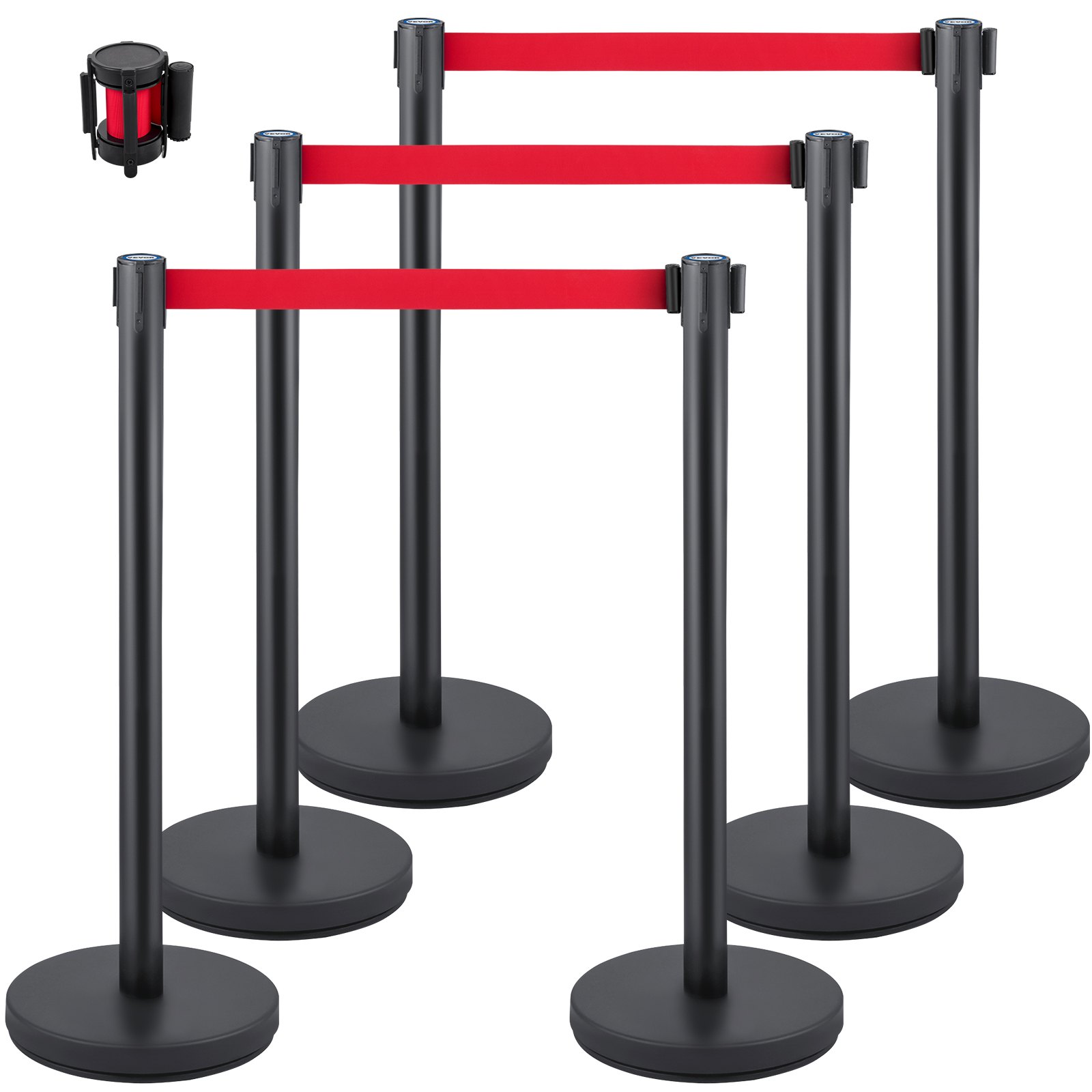 VEVOR crowd control system, 6 stanchions, 90 cm total height, barrier with four-way adapter, stanchion, barrier post with 2 m long belt for airport, steel/iron posts, black