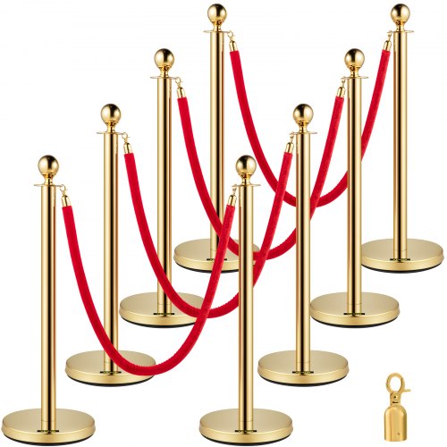 VEVOR Postes Separadores 8 piezas Altura 90 cm Dorados Poste Separador con Cuerda de Terciopelo de 1,5 m Roja Conexión de 4 Vías Diámetro de Base 32 cm Kit de Poste de Barrera de Control de Multitudes