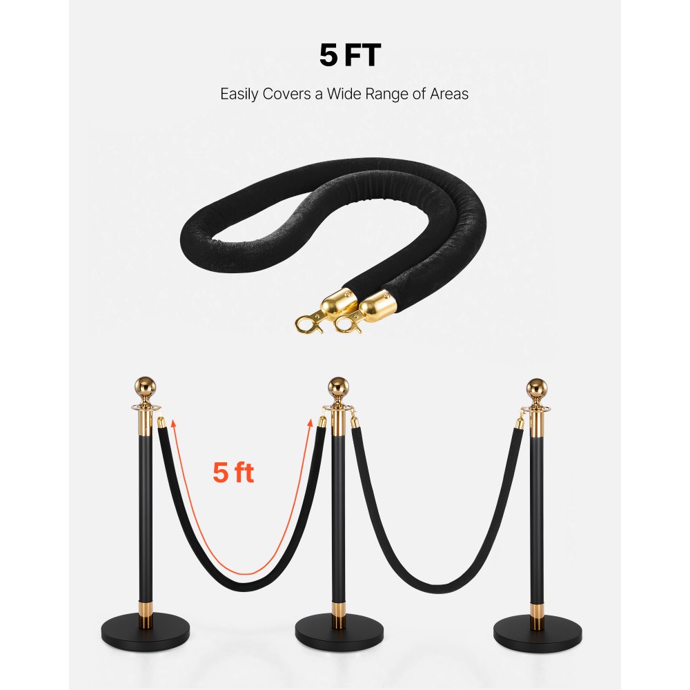 VEVOR Cuerdas de Terciopelo Negras para Postes 2 Piezas Longitud de 1,5 m, Cuerda de Barrera con Ganchos Dorados para Control de Multitudes, Barrera Separadora para Eventos, Cines, Hoteles, Fiestas