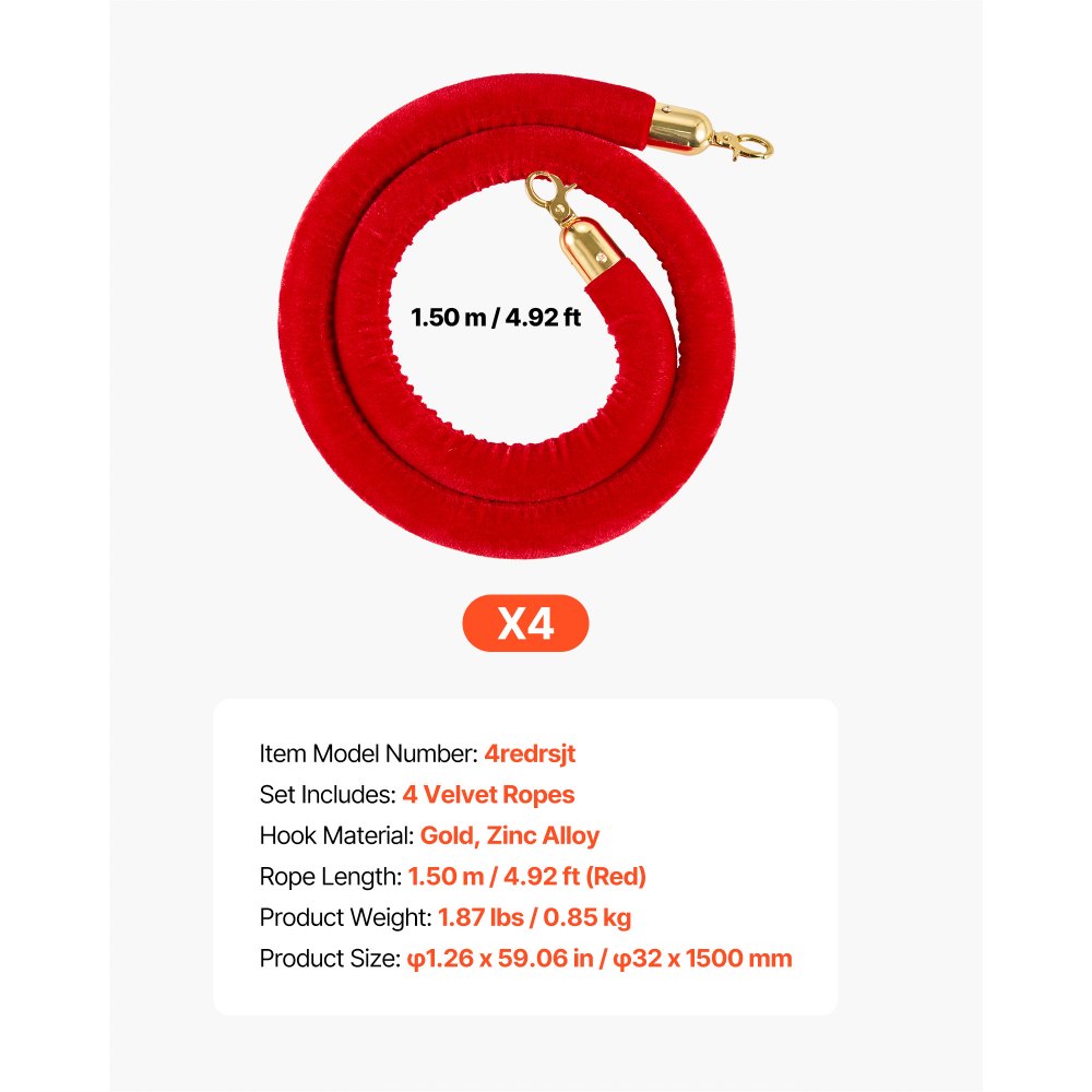 VEVOR Cuerdas de Terciopelo Rojas para Postes 4 Piezas Longitud de 1,5 m, Cuerda de Barrera con Ganchos Dorados para Control de Multitudes, Barrera Separadora para Eventos, Cines, Hoteles, Fiestas