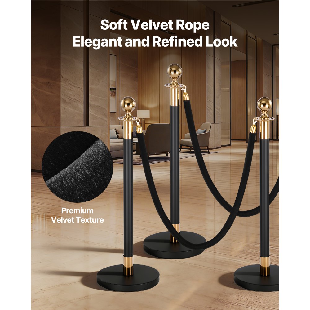 VEVOR Cuerdas de Terciopelo Negras para Postes 4 Piezas Longitud de 1,5 m, Cuerda de Barrera con Ganchos Dorados para Control de Multitudes, Barrera Separadora para Eventos, Cines, Hoteles, Fiestas