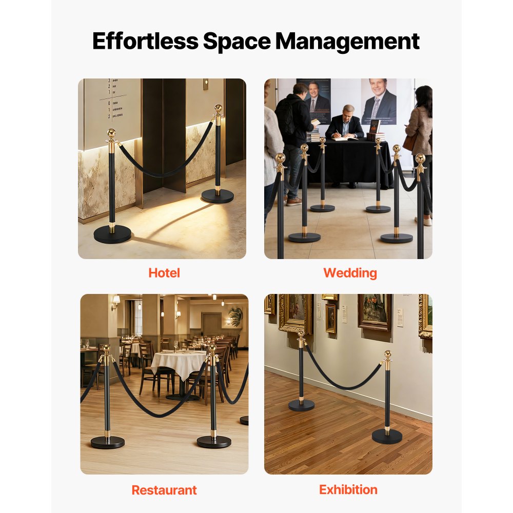 VEVOR Cuerdas de Terciopelo Negras para Postes 4 Piezas Longitud de 1,5 m, Cuerda de Barrera con Ganchos Dorados para Control de Multitudes, Barrera Separadora para Eventos, Cines, Hoteles, Fiestas